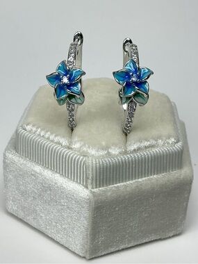 Blue Enamel Flower Hoop Earrings CZ Floral Hoops